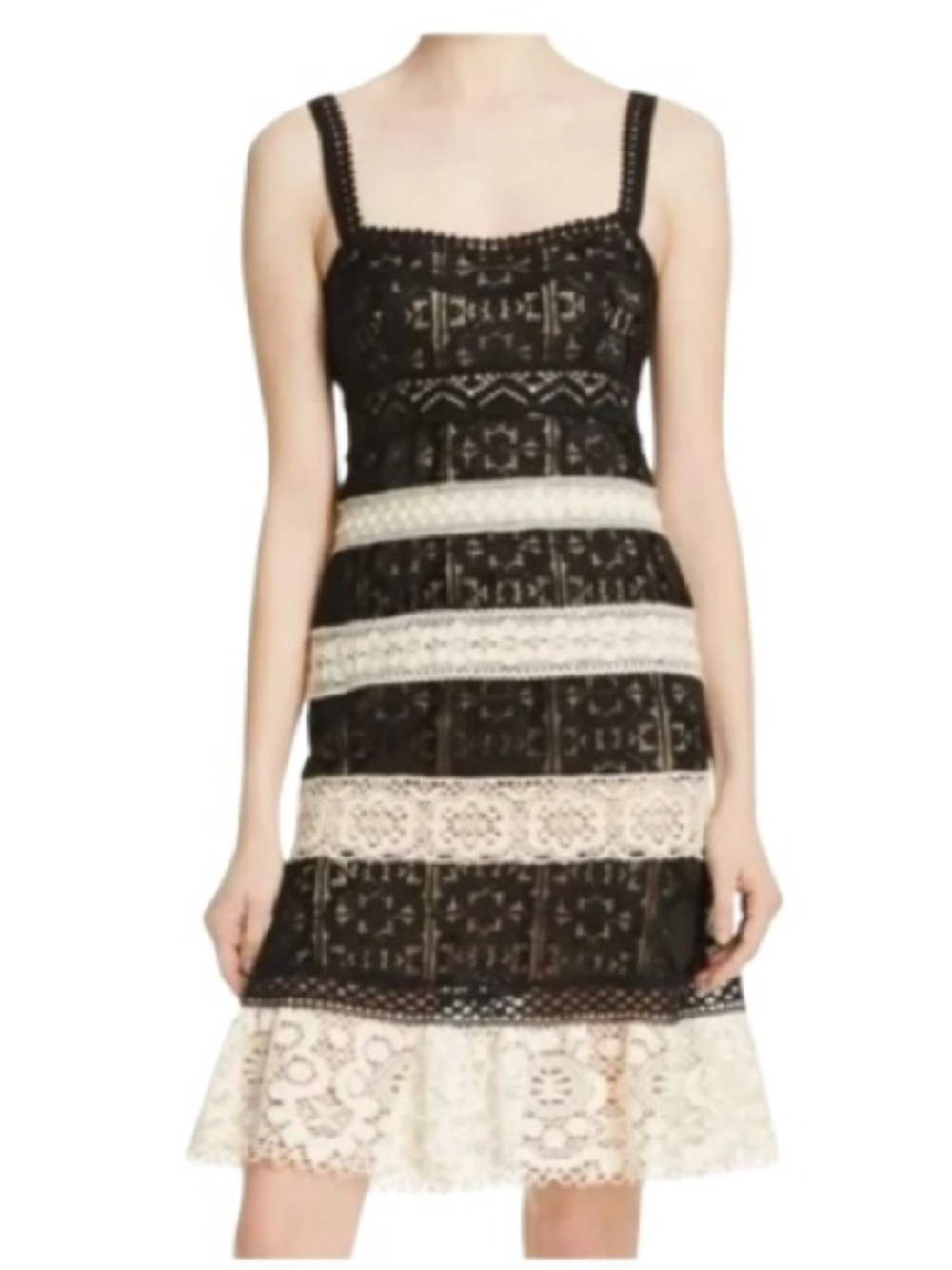 Nanette Lepore Feel the Music Dress- Black and Cream Lace-Striped Mini